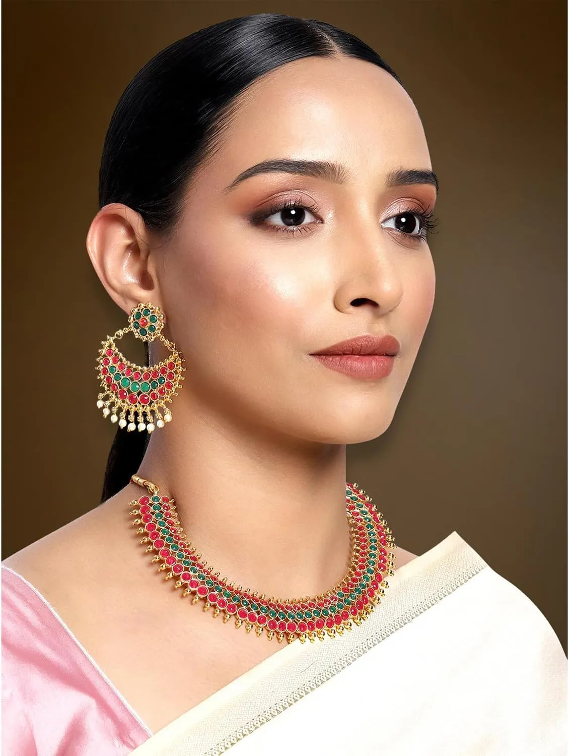 Aheli Traditional Faux Stone Studded Nekclace Earrings Set Bollywood Wedding Ethinc Party Fashion Jewelry Gift for Women