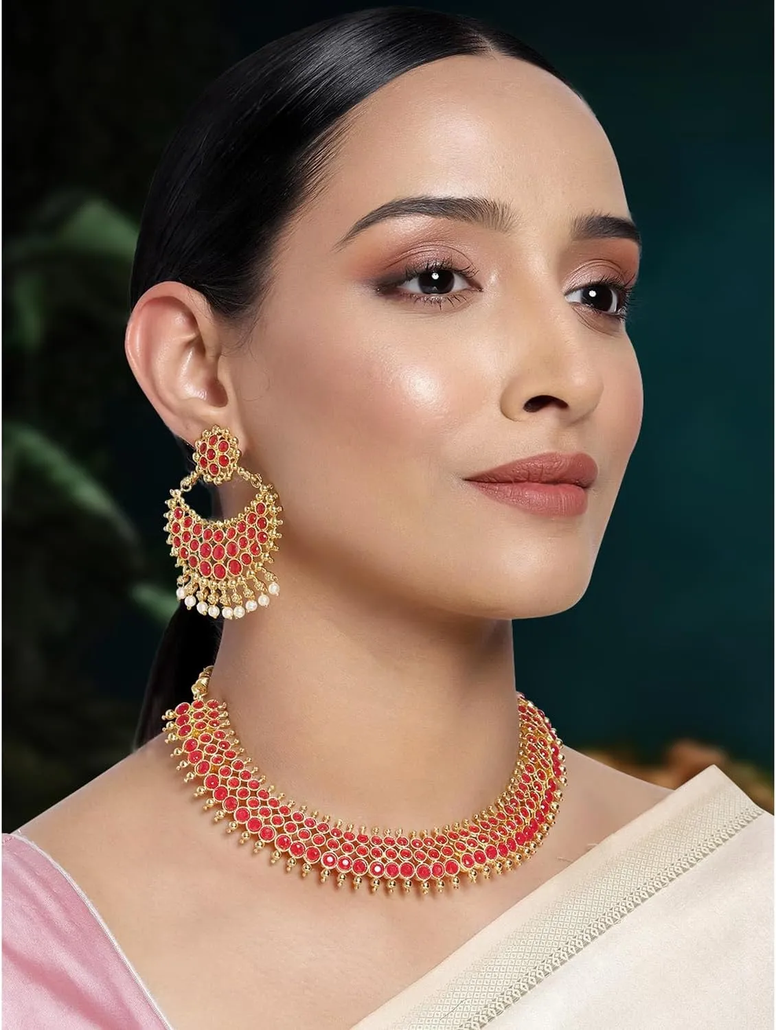 Aheli Traditional Faux Stone Studded Nekclace Earrings Set Bollywood Wedding Ethinc Party Fashion Jewelry Gift for Women