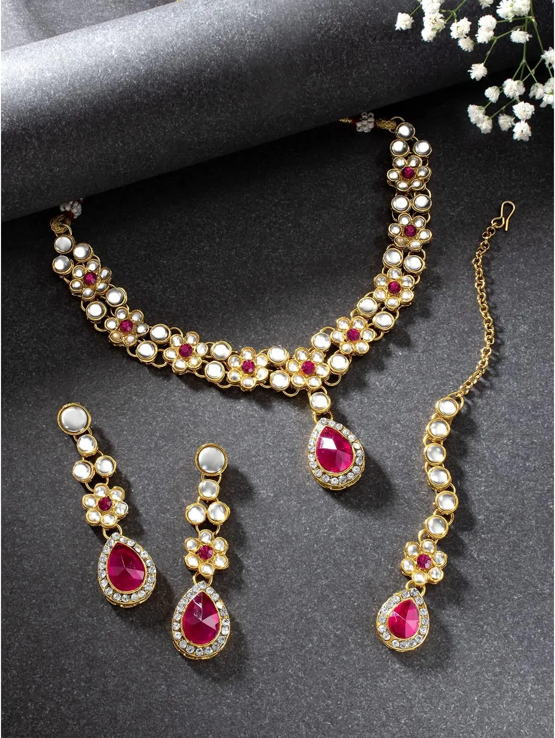 Aheli Traditional Gold Plated Kundan Beads Studded Choker Necklace Dangle Earrings & Maangtikka Set Ethnic Fashion Jewellery Gift for Women