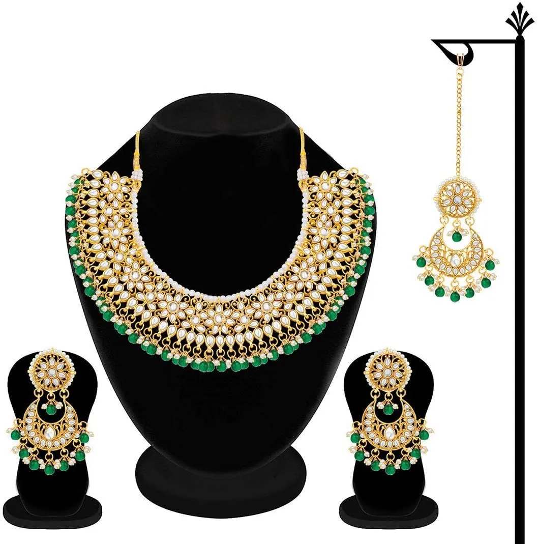 Aheli Wedding & Party Wear Faux Kundan Necklace Earrings with Maang Tikka Indian Traditional Bollywood Jewelry Set Gift for Women