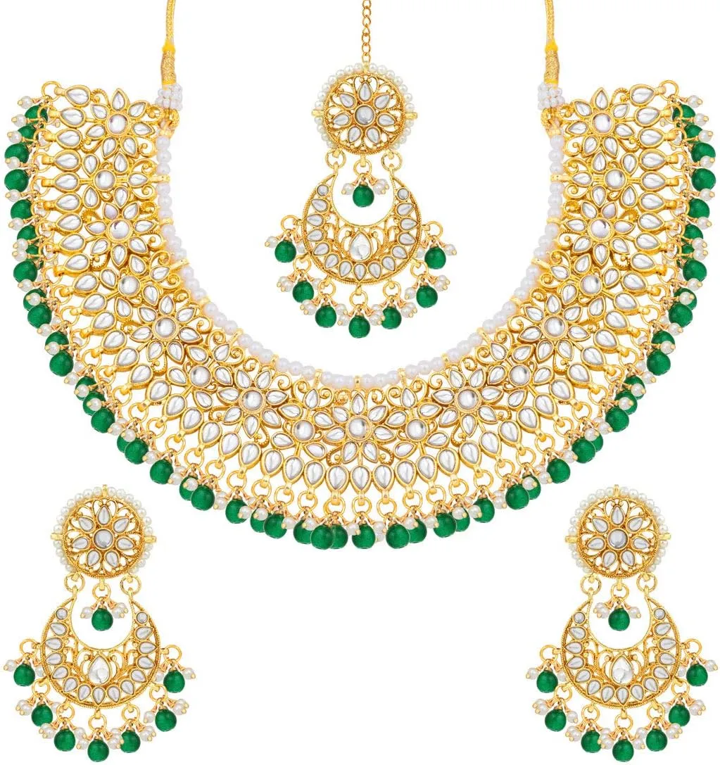 Aheli Wedding & Party Wear Faux Kundan Necklace Earrings with Maang Tikka Indian Traditional Bollywood Jewelry Set Gift for Women