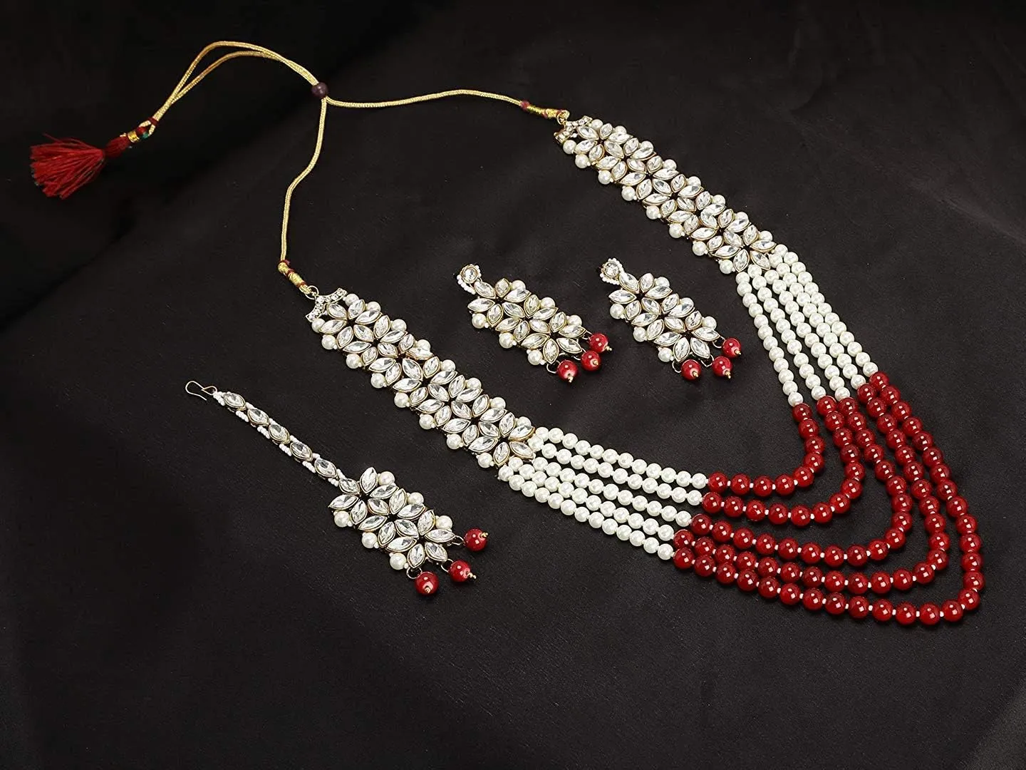 Aheli Wedding Party Wear Bridal Jewellery Choker Long Pearl Necklace Earrings Maang Tikka Indian Traditional Set Gift for Women