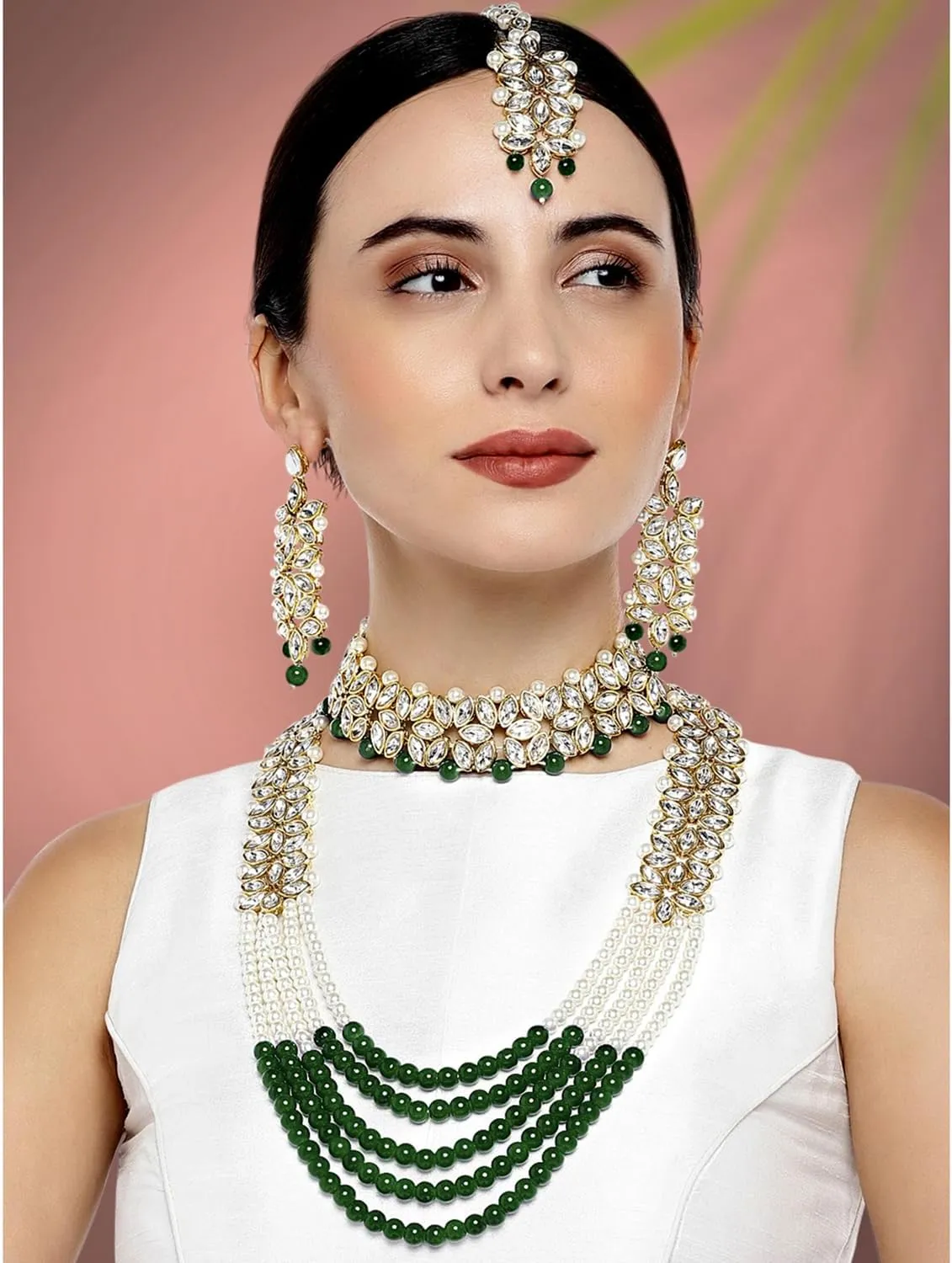Aheli Wedding Party Wear Bridal Jewellery Choker Long Pearl Necklace Earrings Maang Tikka Indian Traditional Set Gift for Women