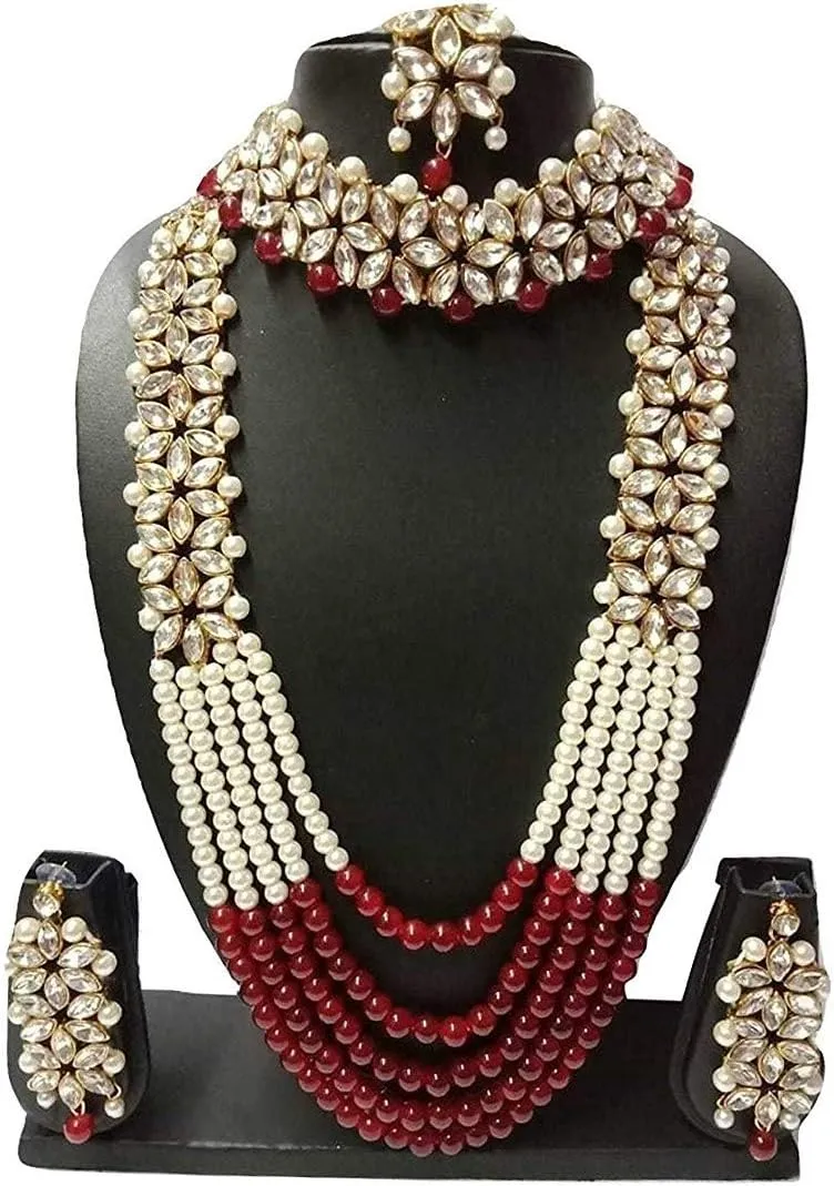 Aheli Wedding Party Wear Bridal Jewellery Choker Long Pearl Necklace Earrings Maang Tikka Indian Traditional Set Gift for Women