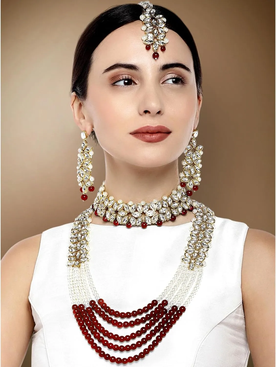 Aheli Wedding Party Wear Bridal Jewellery Choker Long Pearl Necklace Earrings Maang Tikka Indian Traditional Set Gift for Women