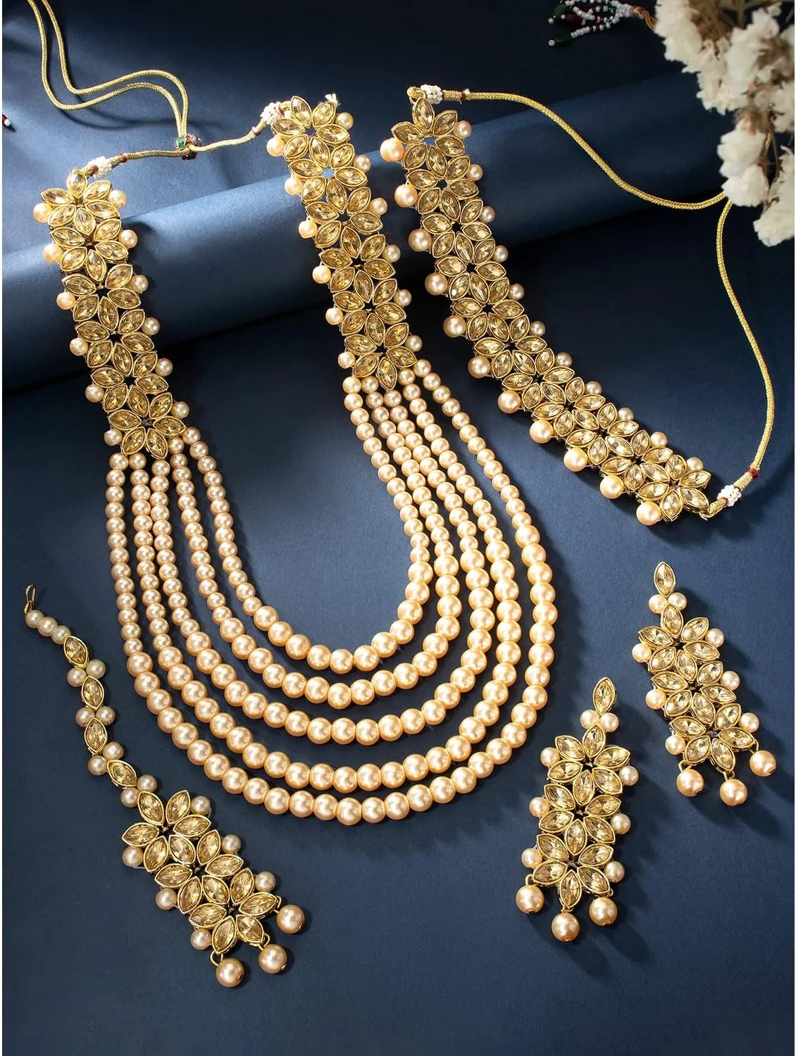 Aheli Wedding Party Wear Bridal Jewellery Choker Long Pearl Necklace Earrings Maang Tikka Indian Traditional Set Gift for Women