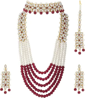Aheli Wedding Party Wear Bridal Jewellery Choker Long Pearl Necklace Earrings Maang Tikka Indian Traditional Set Gift for Women