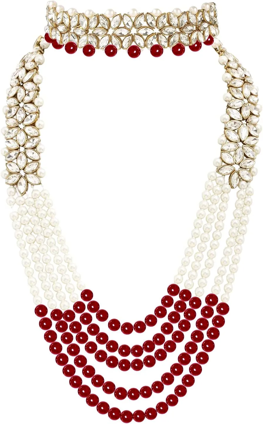 Aheli Wedding Party Wear Bridal Jewellery Choker Long Pearl Necklace Earrings Maang Tikka Indian Traditional Set Gift for Women
