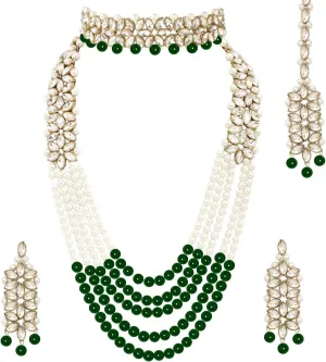 Aheli Wedding Party Wear Bridal Jewellery Choker Long Pearl Necklace Earrings Maang Tikka Indian Traditional Set Gift for Women
