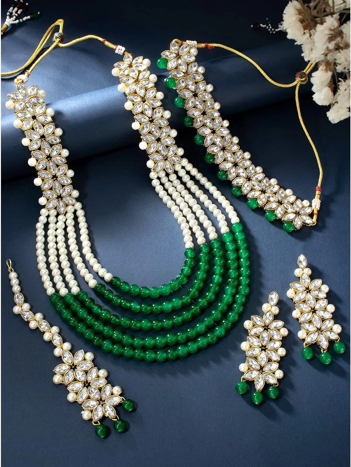 Aheli Wedding Party Wear Bridal Jewellery Choker Long Pearl Necklace Earrings Maang Tikka Indian Traditional Set Gift for Women