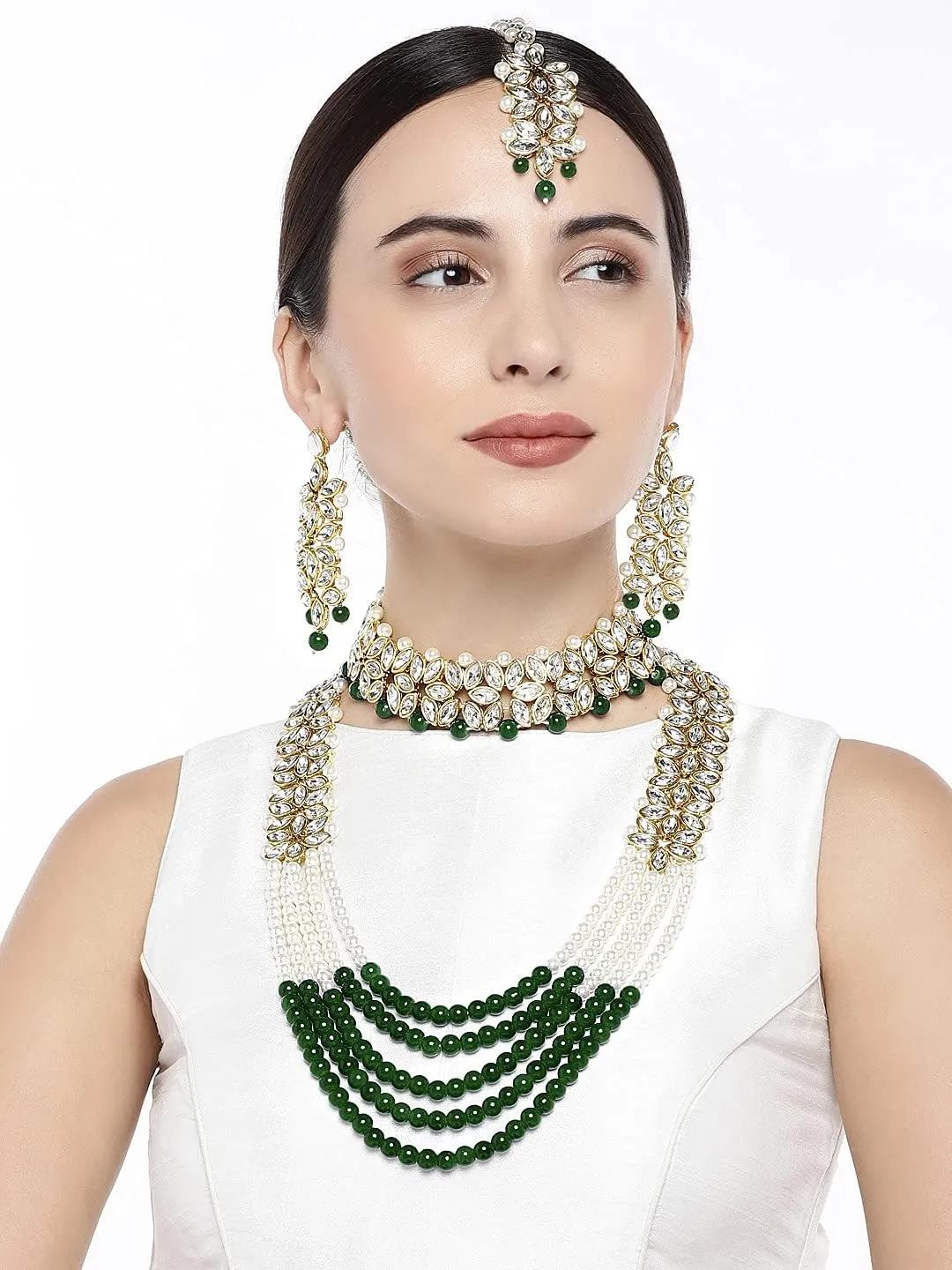 Aheli Wedding Party Wear Bridal Jewellery Choker Long Pearl Necklace Earrings Maang Tikka Indian Traditional Set Gift for Women