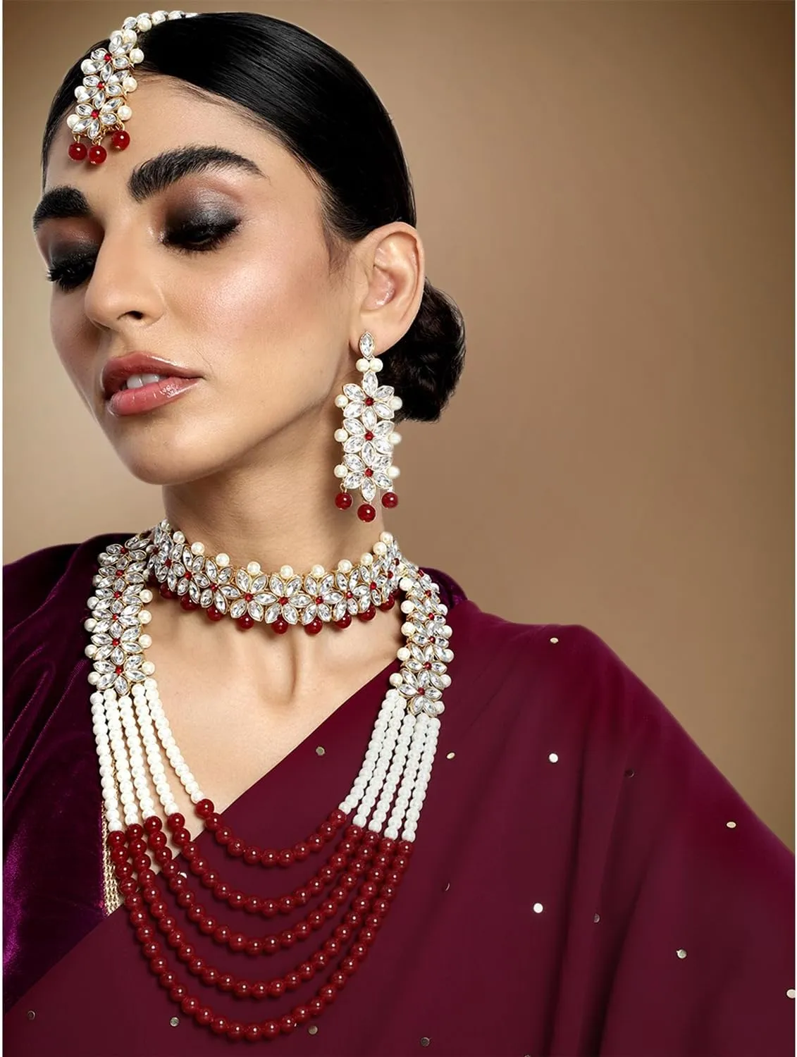 Aheli Wedding Party Wear Bridal Jewellery Choker Long Pearl Necklace Earrings Maang Tikka Indian Traditional Set Gift for Women