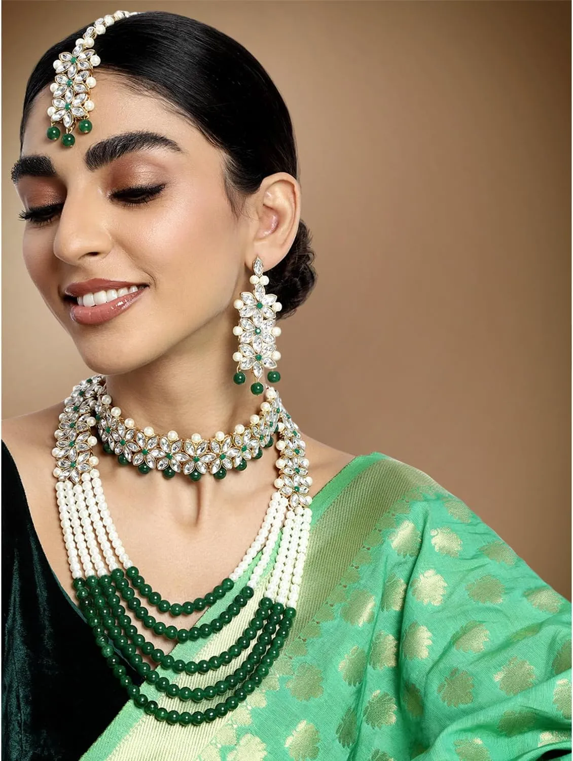 Aheli Wedding Party Wear Bridal Jewellery Choker Long Pearl Necklace Earrings Maang Tikka Indian Traditional Set Gift for Women