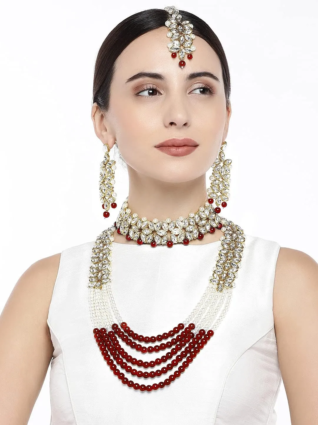 Aheli Wedding Party Wear Bridal Jewellery Choker Long Pearl Necklace Earrings Maang Tikka Indian Traditional Set Gift for Women
