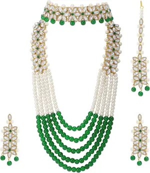 Aheli Wedding Party Wear Bridal Jewellery Choker Long Pearl Necklace Earrings Maang Tikka Indian Traditional Set Gift for Women