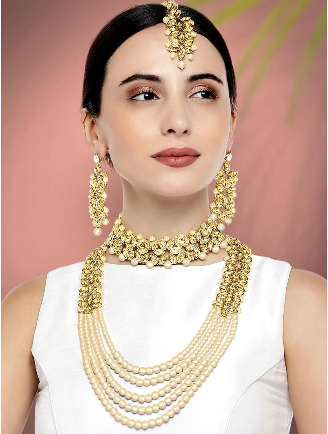 Aheli Wedding Party Wear Bridal Jewellery Choker Long Pearl Necklace Earrings Maang Tikka Indian Traditional Set Gift for Women