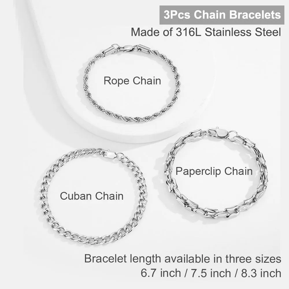 AIAINAGI 3Pcs Chain Bracelets for Men Women Stainless Steel Paperclip Figaro Rope Cuban Link Chain 6.7/7.5/8.3Inches Unisex Wrist Jewelry Gift