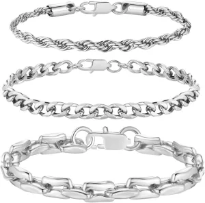 AIAINAGI 3Pcs Chain Bracelets for Men Women Stainless Steel Paperclip Figaro Rope Cuban Link Chain 6.7/7.5/8.3Inches Unisex Wrist Jewelry Gift