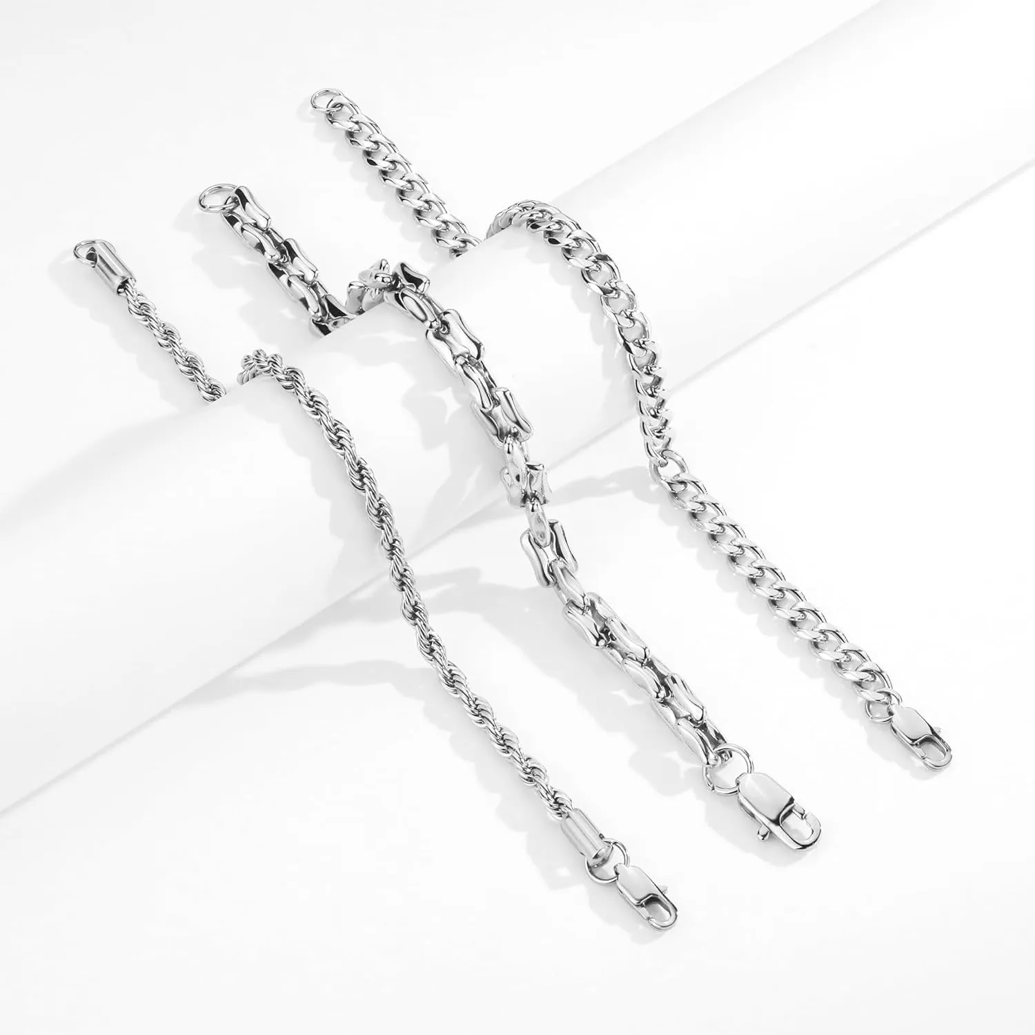 AIAINAGI 3Pcs Chain Bracelets for Men Women Stainless Steel Paperclip Figaro Rope Cuban Link Chain 6.7/7.5/8.3Inches Unisex Wrist Jewelry Gift