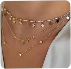 Aimimier Bohemia Layered Choker Necklace Star and Moon Necklace Star Choker Rhinestone Star Moon Charm Pendant Necklace Multilayer Necklaces for Women