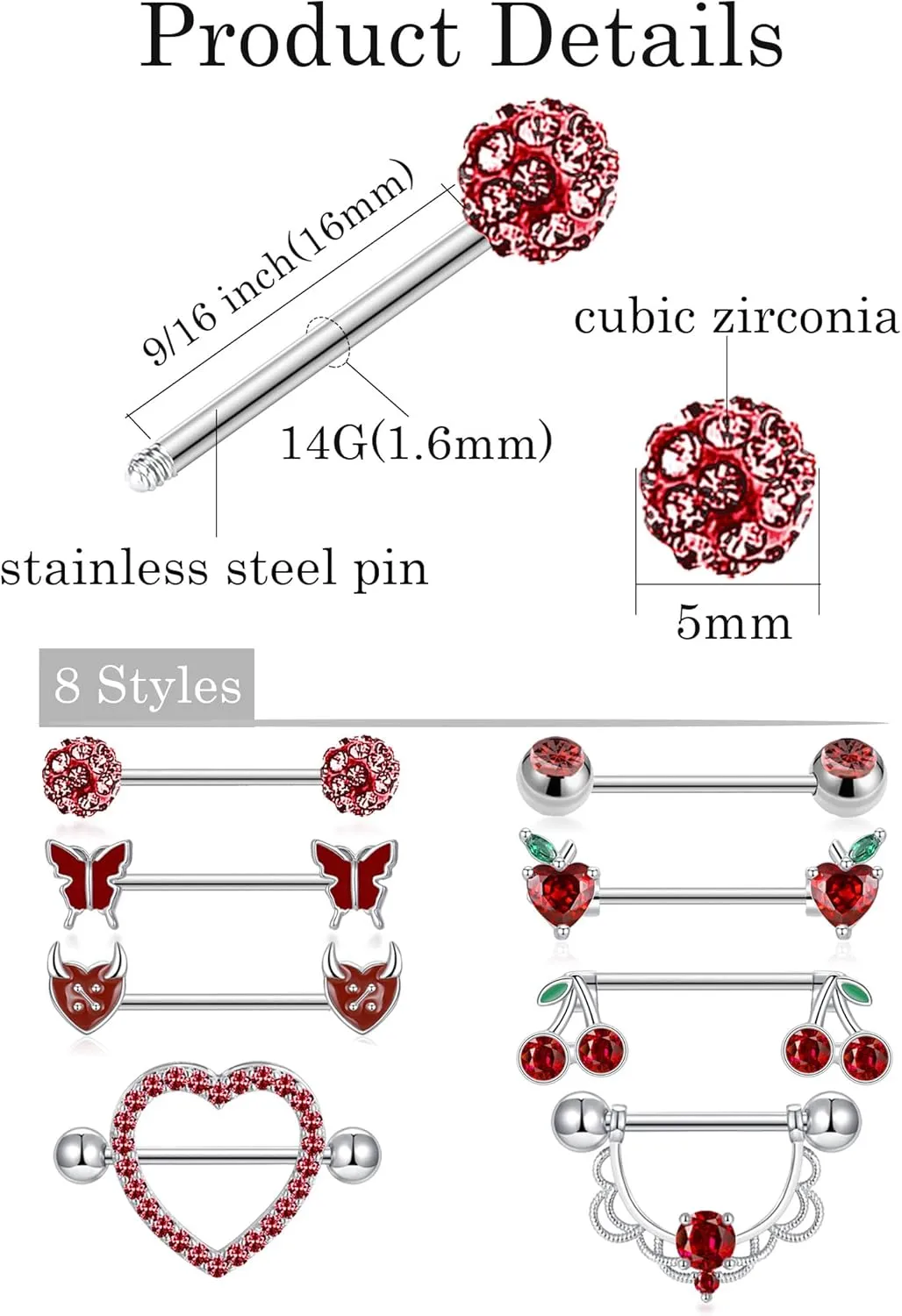 Akeoqi 8 Pairs Nipple Rings Tongue Ring 14G Stainless Steel CZ Ball Butterfly Cherry Heart Apple Straight Nipple Barbells Body Piercing Jewelry for Women Silver Red Tone 16mm