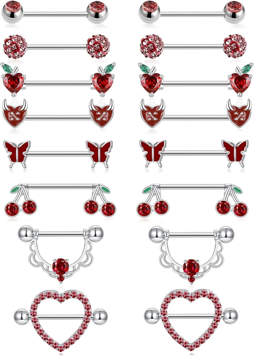 Akeoqi 8 Pairs Nipple Rings Tongue Ring 14G Stainless Steel CZ Ball Butterfly Cherry Heart Apple Straight Nipple Barbells Body Piercing Jewelry for Women Silver Red Tone 16mm