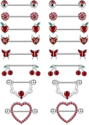 Akeoqi 8 Pairs Nipple Rings Tongue Ring 14G Stainless Steel CZ Ball Butterfly Cherry Heart Apple Straight Nipple Barbells Body Piercing Jewelry for Women Silver Red Tone 16mm