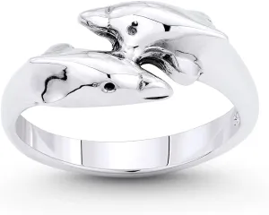 Alfred & Vincent Dolphin Couple Animal Charm Stackable Bypass Ring in Oxidized .925 Sterling Silver