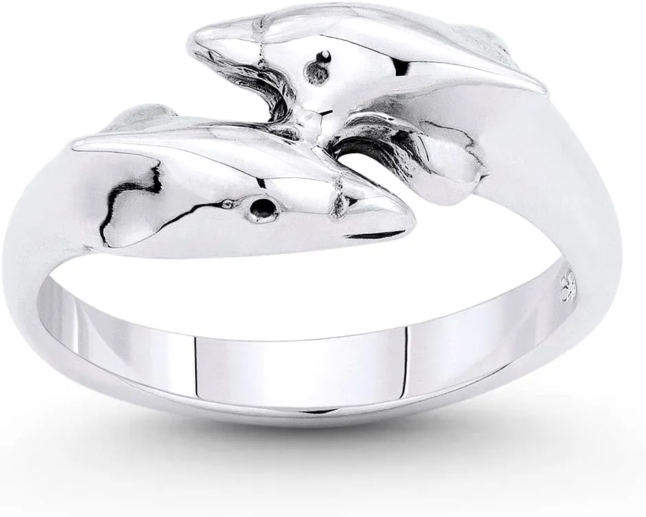 Alfred & Vincent Dolphin Couple Animal Charm Stackable Bypass Ring in Oxidized .925 Sterling Silver
