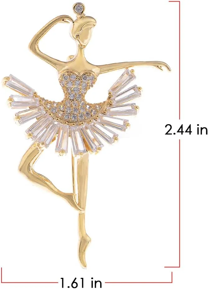 Alilang Fashion Gold Elegant Ballerina Dancing Women Crystal Rhinestone Brooch Pin Cubic Zirconia