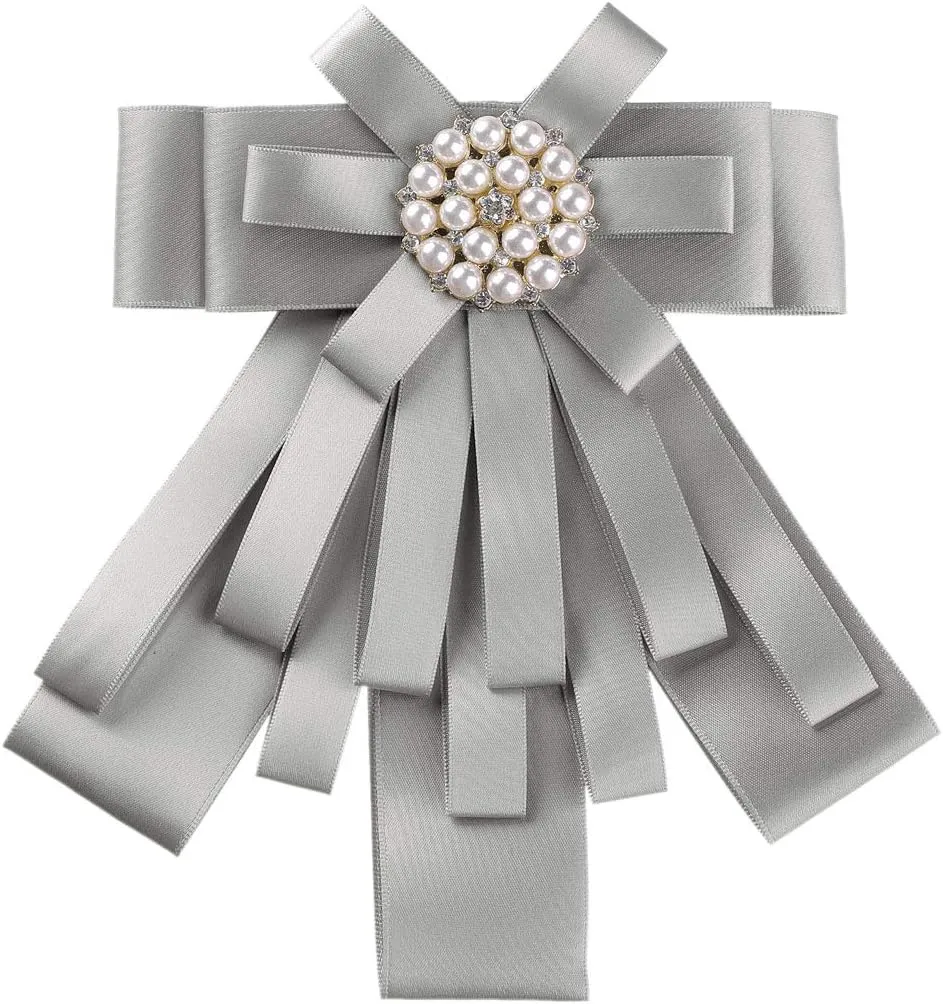 Allegra K Women's Pre-tied Bowknot Beads Bow Tie Elegant Large Ribbon Brooch