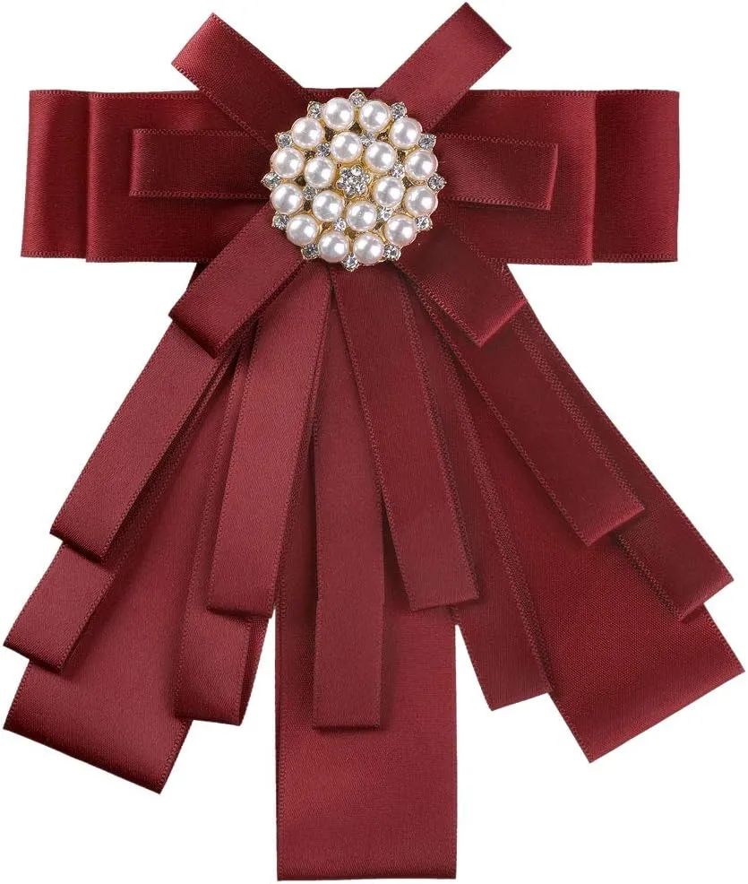 Allegra K Women's Pre-tied Bowknot Beads Bow Tie Elegant Large Ribbon Brooch