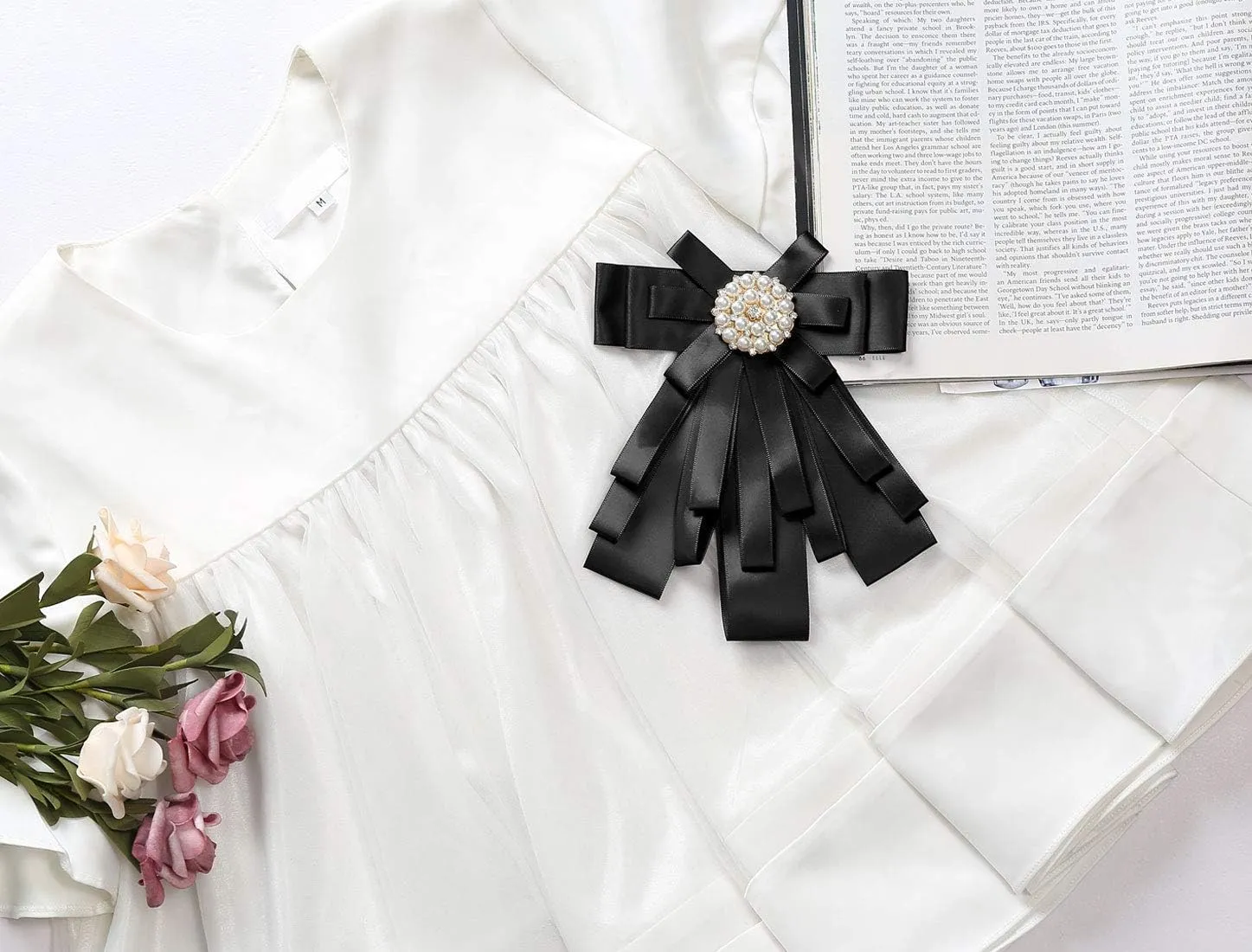 Allegra K Women's Pre-tied Bowknot Beads Bow Tie Elegant Large Ribbon Brooch
