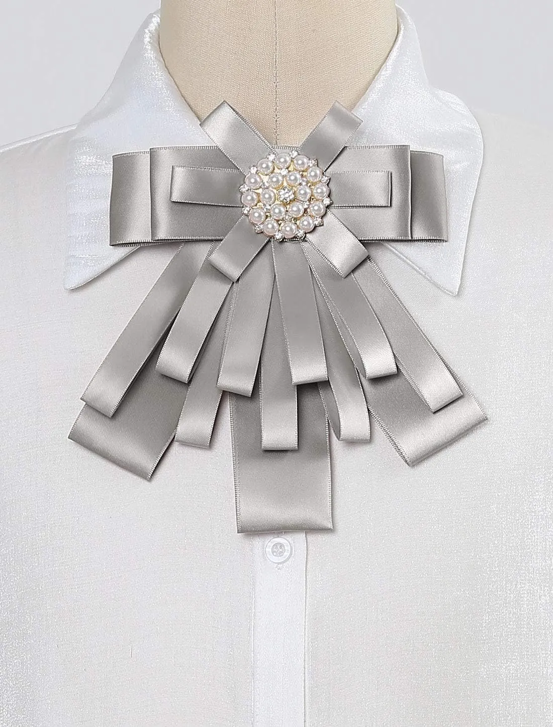 Allegra K Women's Pre-tied Bowknot Beads Bow Tie Elegant Large Ribbon Brooch