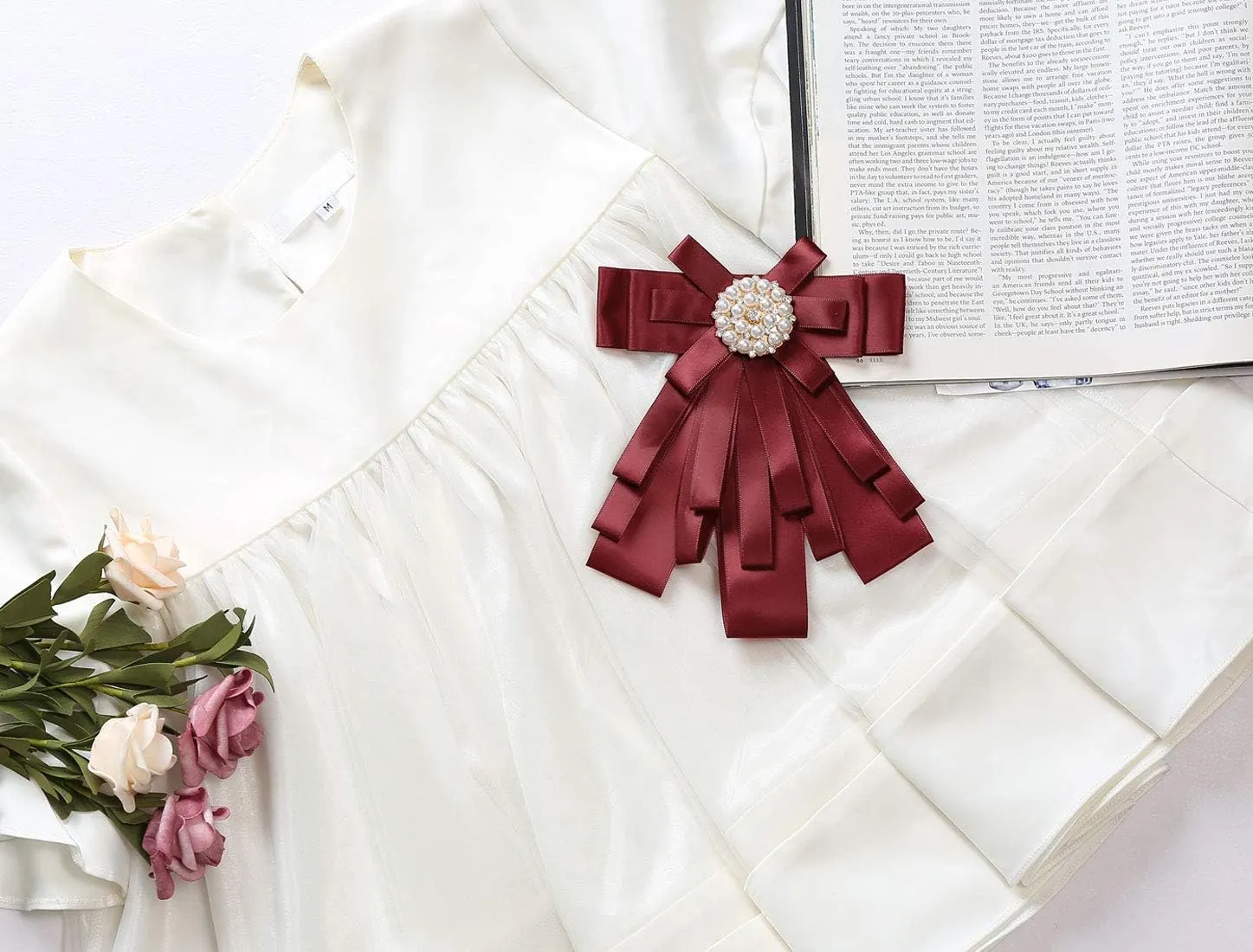 Allegra K Women's Pre-tied Bowknot Beads Bow Tie Elegant Large Ribbon Brooch