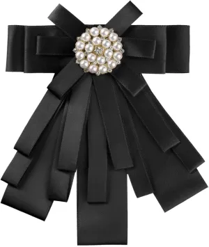 Allegra K Women's Pre-tied Bowknot Beads Bow Tie Elegant Large Ribbon Brooch