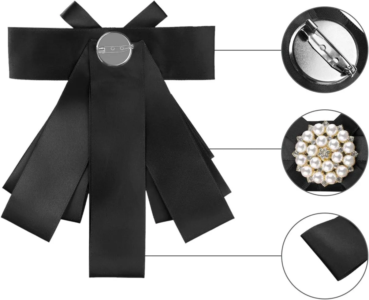Allegra K Women's Pre-tied Bowknot Beads Bow Tie Elegant Large Ribbon Brooch