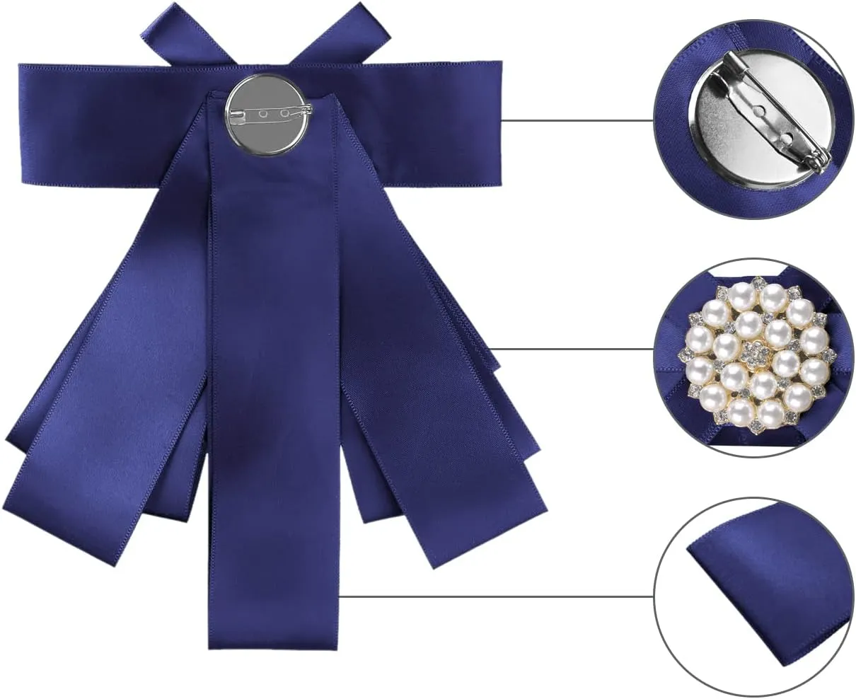 Allegra K Women's Pre-tied Bowknot Beads Bow Tie Elegant Large Ribbon Brooch