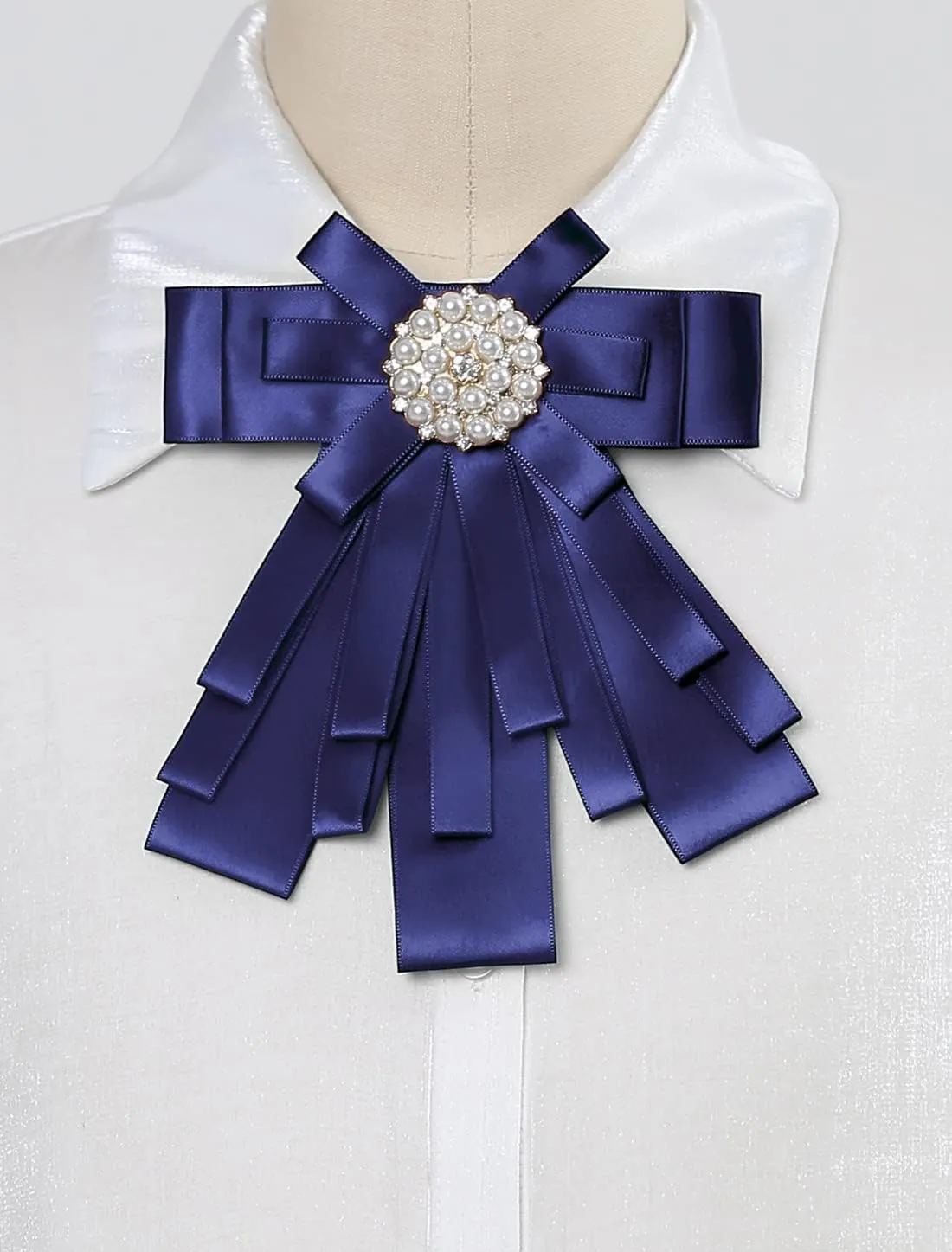 Allegra K Women's Pre-tied Bowknot Beads Bow Tie Elegant Large Ribbon Brooch