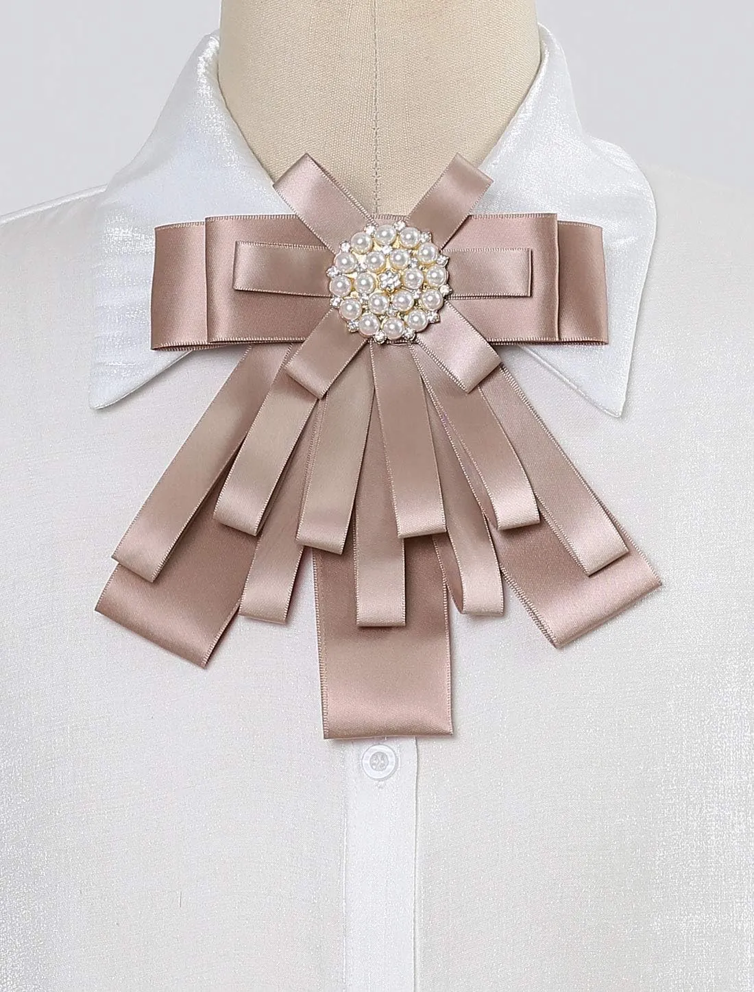 Allegra K Women's Pre-tied Bowknot Beads Bow Tie Elegant Large Ribbon Brooch