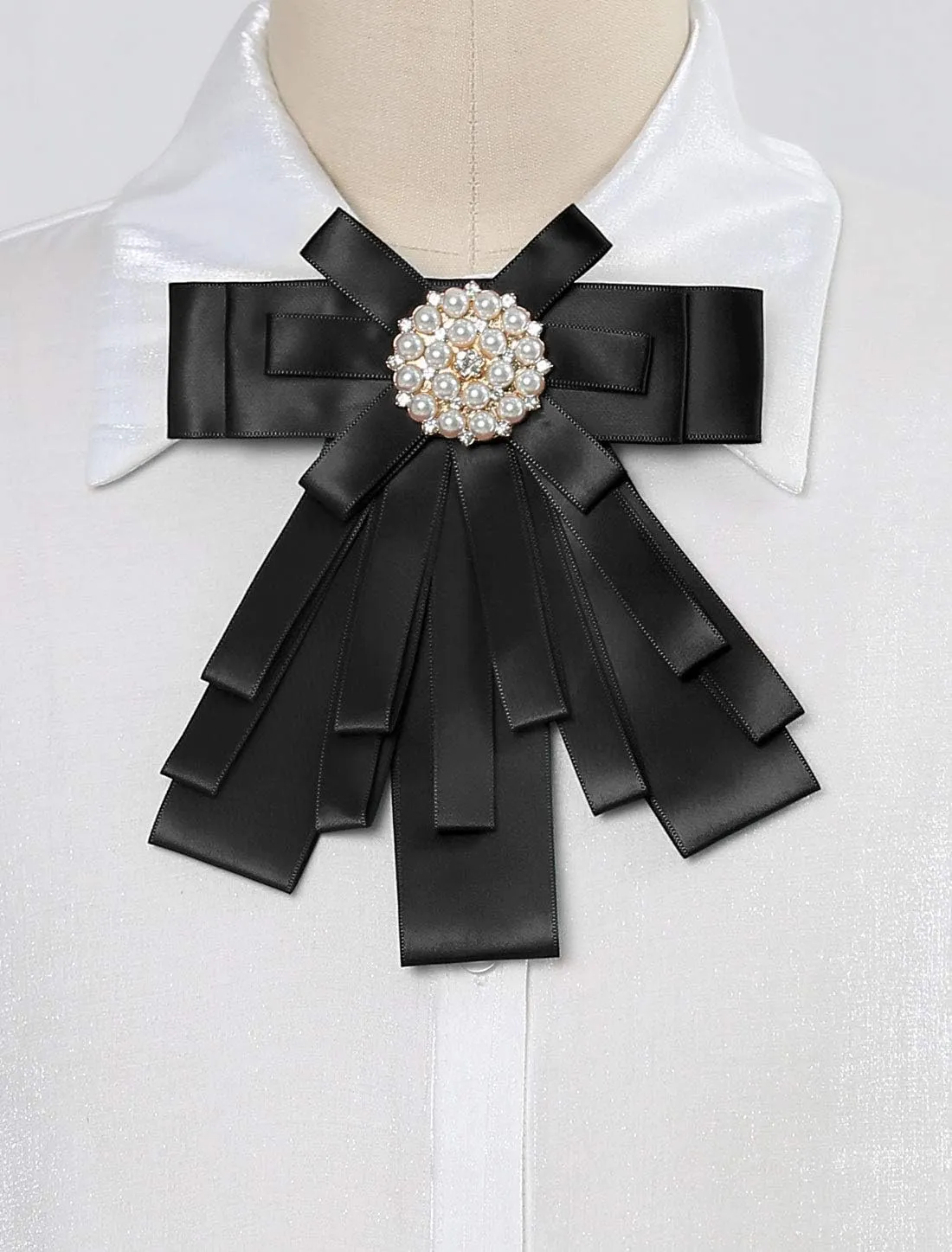 Allegra K Women's Pre-tied Bowknot Beads Bow Tie Elegant Large Ribbon Brooch