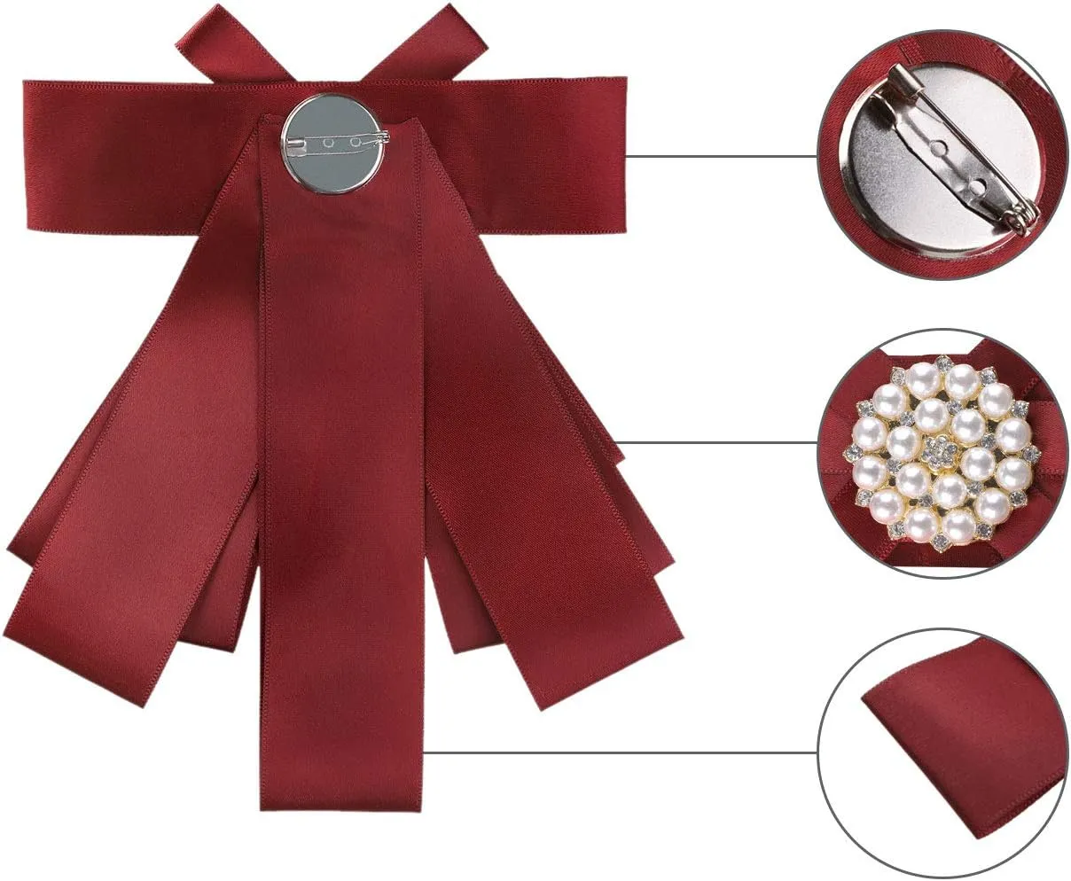 Allegra K Women's Pre-tied Bowknot Beads Bow Tie Elegant Large Ribbon Brooch