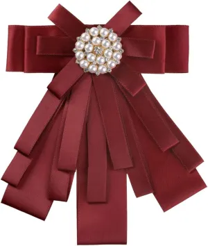 Allegra K Women's Pre-tied Bowknot Beads Bow Tie Elegant Large Ribbon Brooch