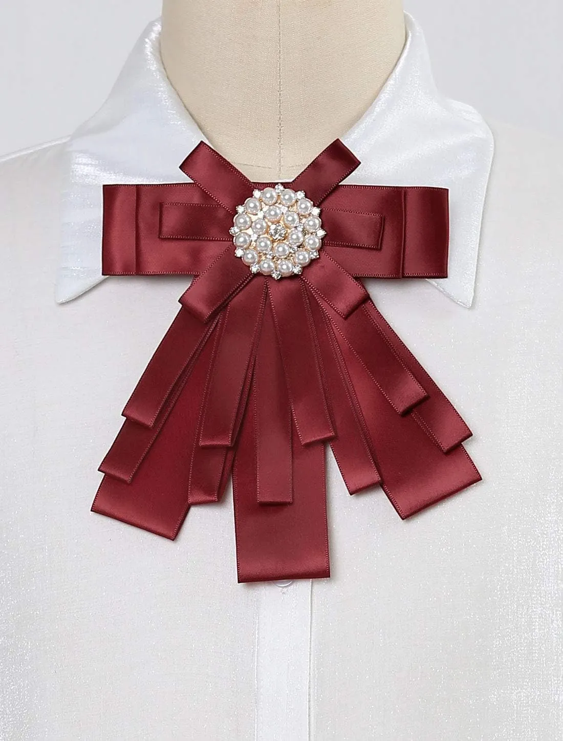 Allegra K Women's Pre-tied Bowknot Beads Bow Tie Elegant Large Ribbon Brooch