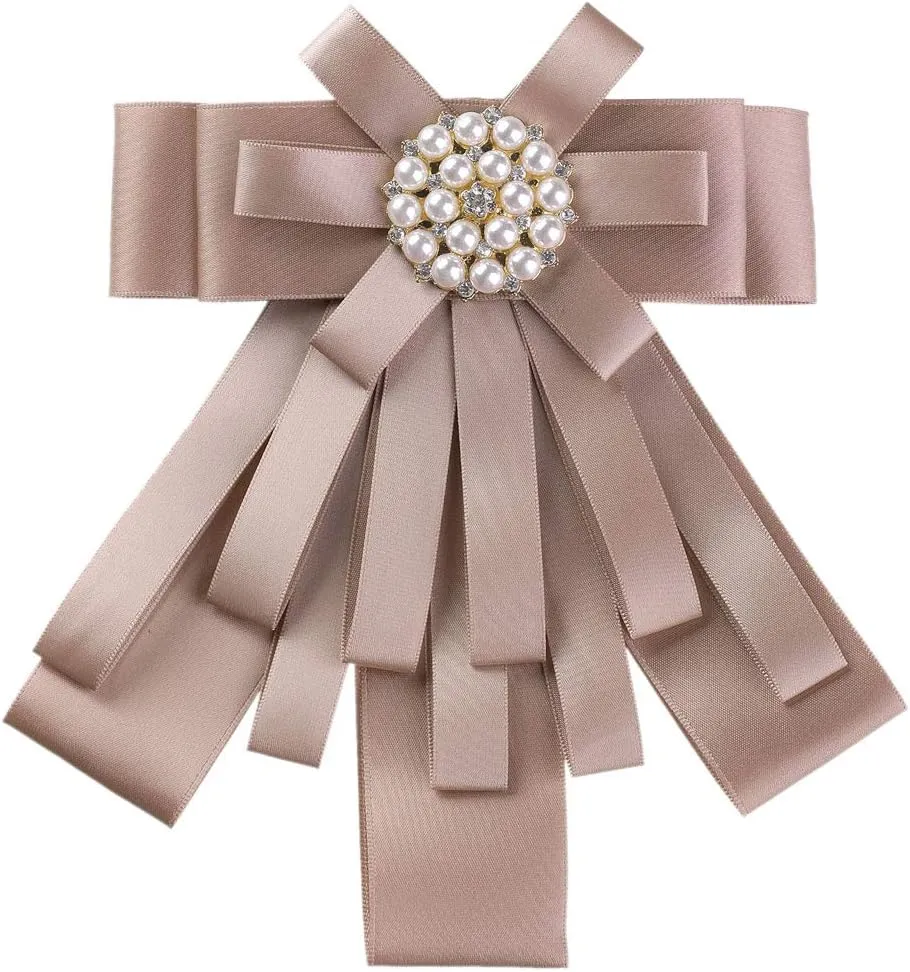 Allegra K Women's Pre-tied Bowknot Beads Bow Tie Elegant Large Ribbon Brooch