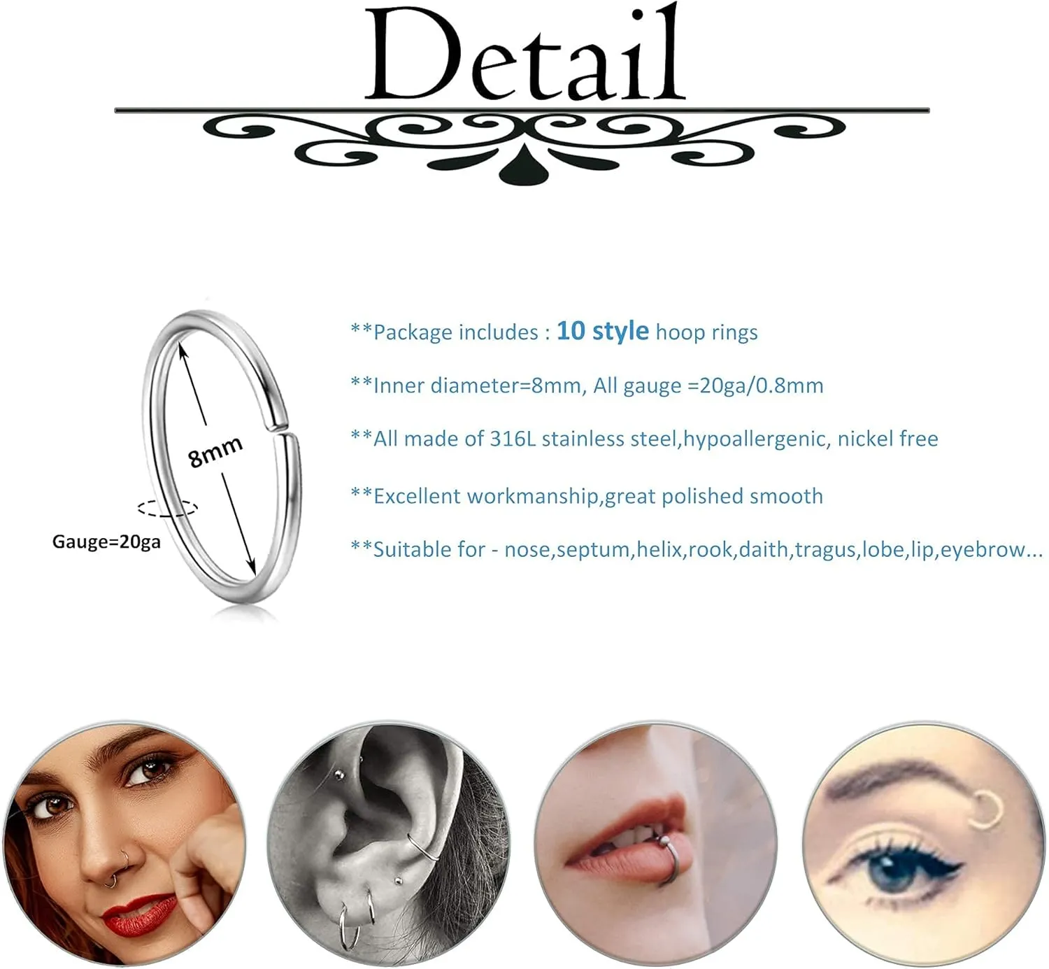 AllerPierce 20G Nose Rings Set 30-40Pcs Bone Screw L Shaped Studs Hypoallergenic Tragus Cartilage Ring Hoop Stainless Steel Piercing Jewelry for Women Men