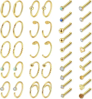 AllerPierce 20G Nose Rings Set 30-40Pcs Bone Screw L Shaped Studs Hypoallergenic Tragus Cartilage Ring Hoop Stainless Steel Piercing Jewelry for Women Men