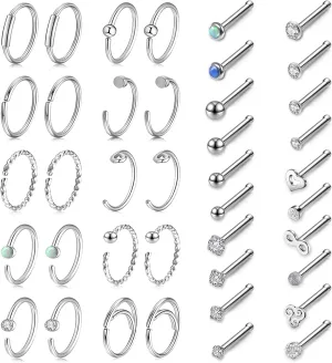 AllerPierce 20G Nose Rings Set 30-40Pcs Bone Screw L Shaped Studs Hypoallergenic Tragus Cartilage Ring Hoop Stainless Steel Piercing Jewelry for Women Men