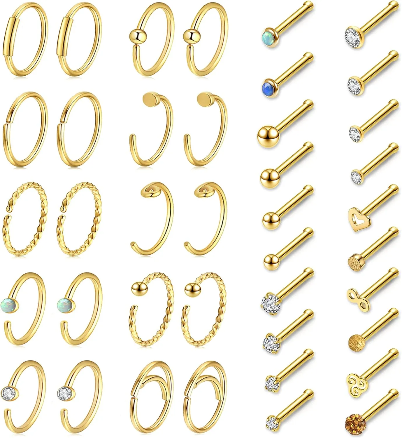 AllerPierce 20G Nose Rings Set 30-40Pcs Bone Screw L Shaped Studs Hypoallergenic Tragus Cartilage Ring Hoop Stainless Steel Piercing Jewelry for Women Men