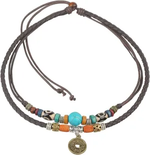 Ancient Tribe Unisex Adjustable Hemp Genuine Leather Necklace Choker Turquoise Bead